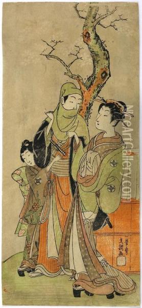 Lovers Under Cherry Blossoms Oil Painting - Ippitsusai Buncho