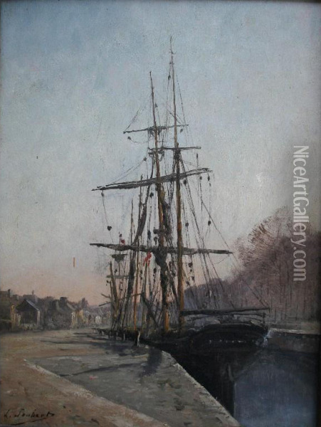 Vessel Moored At A Waterfront Oil Painting - Leon Joubert