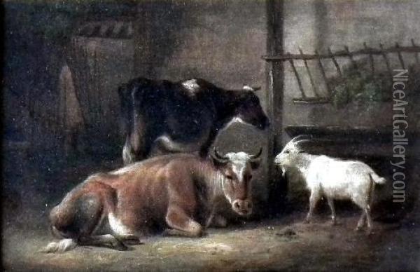 Cows And Goat In A Byre Oil Painting - Heinrich Burkel