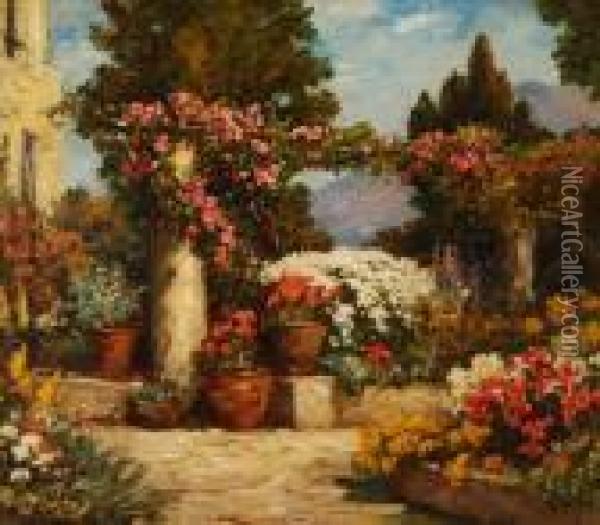 A Floralarbour In An Italianate Garden Oil Painting - Thomas E. Mostyn