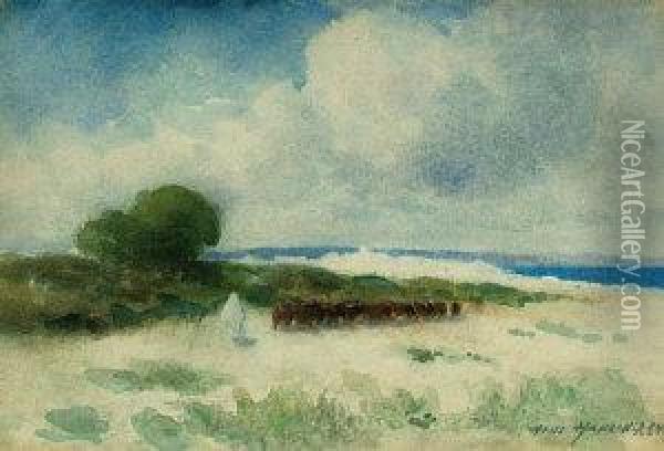 Droving Cattle On A Beach In North Africa Oil Painting - Hans Jacob Hansen