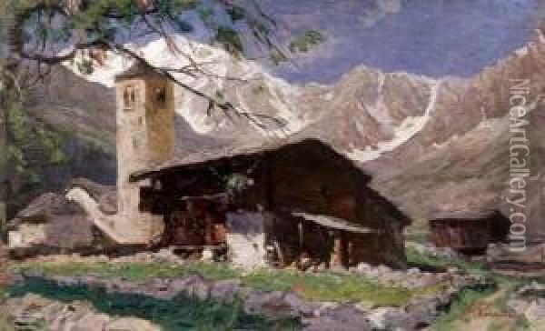 La Chiesa Vecchia Di Macugnaga Col Monte Rosa Oil Painting - Giuseppe Palanti
