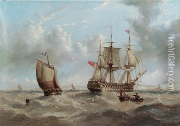An Indiaman Hove To Off Dover For A Pilot Oil Painting - Henry Redmore