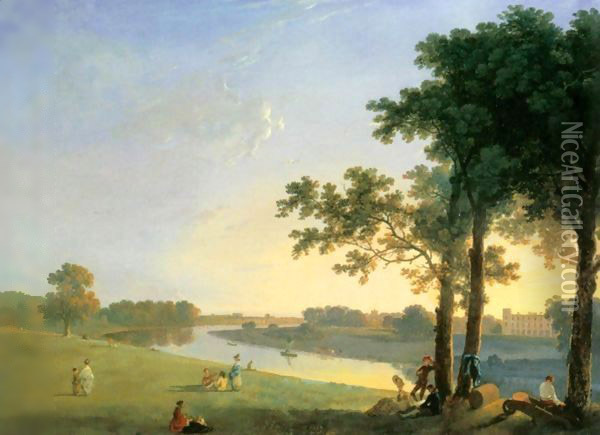 View of Syon House across the Thames near Kew Gardens Oil Painting - Richard Wilson