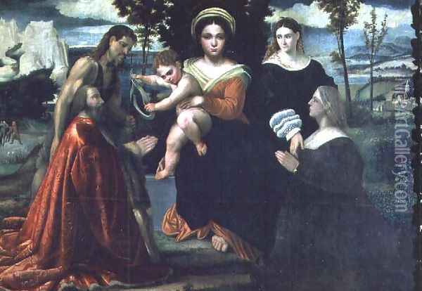 Madonna and Child enthroned with saints and donors Oil Painting - Francesco (Il Moro) Torbido