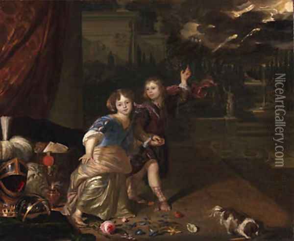 An allegorical portrait of two children Oil Painting - Carel de Moor