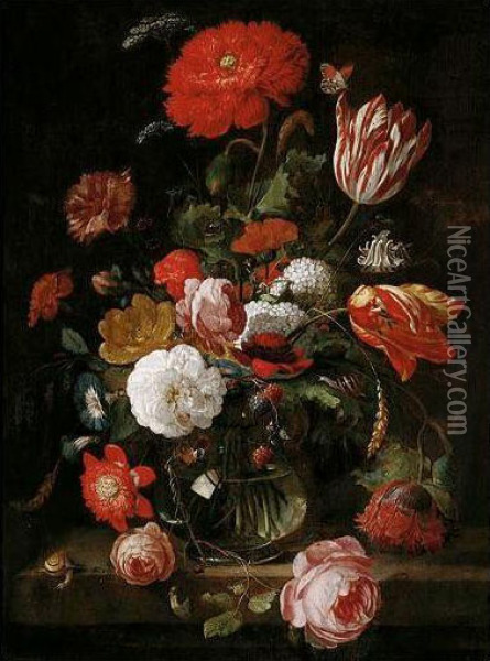 A Still Life Of Tulips, Roses, Blackberries, And Other Flowers In A Glass Vase, On A Stone Ledge Oil Painting - Hendrick Schoock