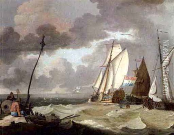 The States Yacht And Other Sailing Vessels In A Stiff Breeze Oil Painting - Ludolf Backhuysen the Elder