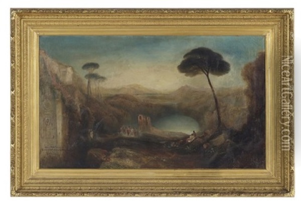 Classical Landscape With Ruins, Figures And Pond Oil Painting - Lucien Whiting Powell