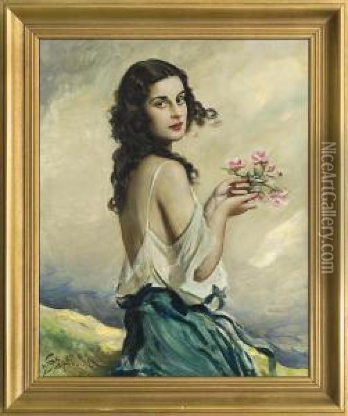 Girl With Flowers Oil Painting - Boleslaw Szankowski