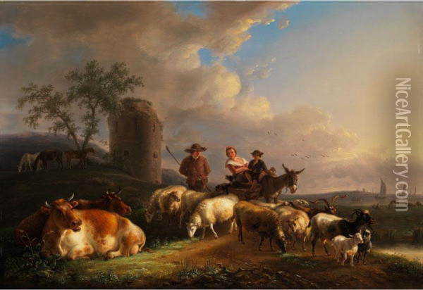 Schaferszene In Italienisierenderideallandschaft Mit Blick Auf Die Kuste Oil Painting - Jean-Baptiste De Roy