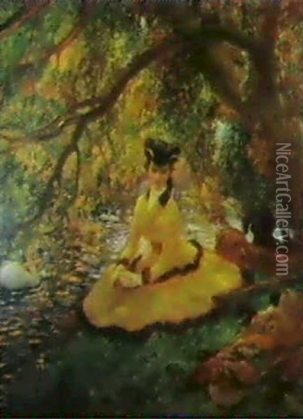 A Lady Resting Under A Tree Oil Painting - Gaston La Touche