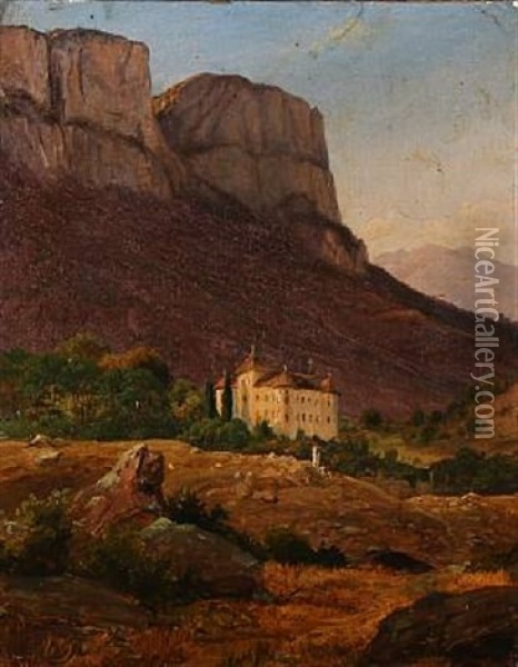 Mountain Landscape With A Castle, Tyrol Oil Painting - Frederik Christian Jacobsen Kiaerskou