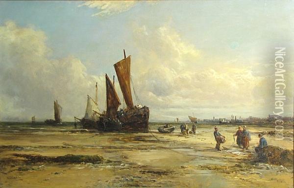 Beach Scene With Boats And Figures In The Foreground Oil Painting - William Edward Webb