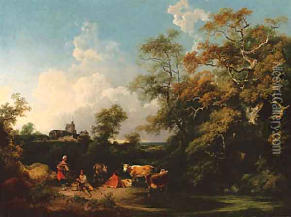 A wooded river landscape with a milkmaid, herdsman and cattle, a church beyond Oil Painting - Philip Jacques de Loutherbourg