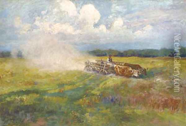 An oxen-drawn cart crossing a field in summer Oil Painting - Ignac Ujvary
