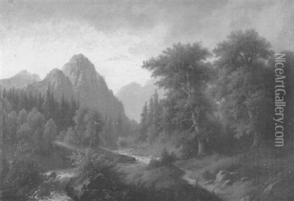 Gebirgsbach In Den Alpen Oil Painting - Josef Burgaritzky