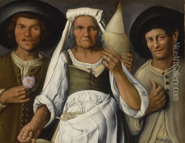 An Old Peasant Woman With A Distaff And Spindle Flanked By Two Male Peasants Oil Painting - Vincenzo Campi