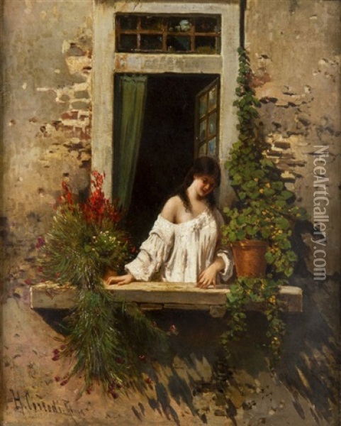Lady On A Balcony Oil Painting - Hermann David Salomon Corrodi