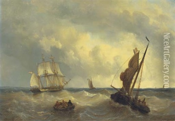 A Three-master And Other Sailing Vessels On Choppy Water Oil Painting - George Willem Opdenhoff