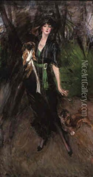 Portrait Of A Lady, Lina Bilitis, With Two Pekineses Oil Painting - Giovanni Boldini