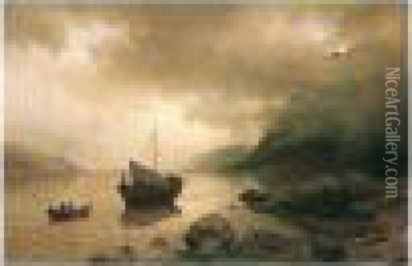 Bater Af Sognefjord (boats On The Sognefjord) Oil Painting - Hans Fredrik Gude