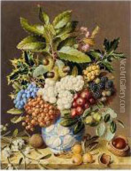 Still Life Of Nuts And Berries In A Vase Oil Painting - Augusta Innes Withers