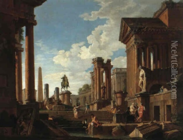 Romische Ruinen Mit Der Reiterstatue Marc Aurels Oil Painting - Giovanni Paolo Panini