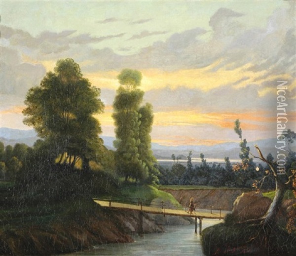 Abendliche Flusslandschaft Mit Brucke Und Figurenstaffage Oil Painting - Angelo Inganni