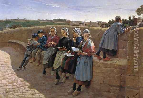 Breton Children Reading Oil Painting - Emile Vernon