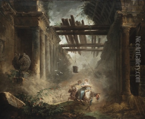 Figures On Horseback Departing A Ruined, Vaulted Building With Colonnades Oil Painting - Hubert Robert
