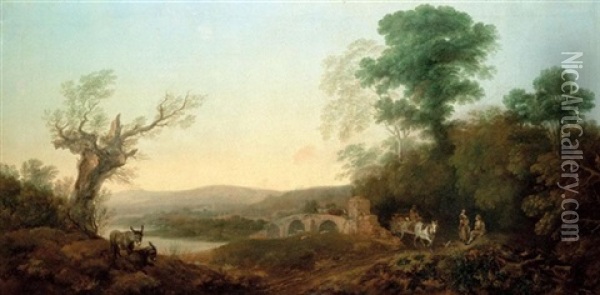 A River Landscape With Travellers Resting On The Edge Of A Wood, A Horse Drawn Cart Before A Bridge And Donkeys On A Bank Oil Painting - Thomas Gainsborough