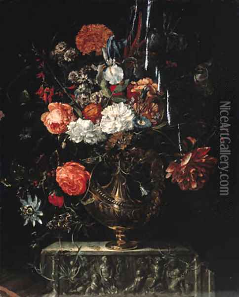 Roses, carnations, iris, morning glory and other flowers in a gilt bowl on a sculpted ledge Oil Painting - Coenraet Roepel