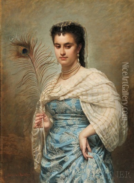 Woman With A Peacock Feather Oil Painting - Zoe-Laure de Chatillon