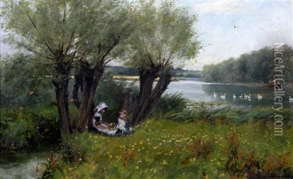 River Landscape With Children Seated On The Riverbank Oil Painting - James Yates Carrington