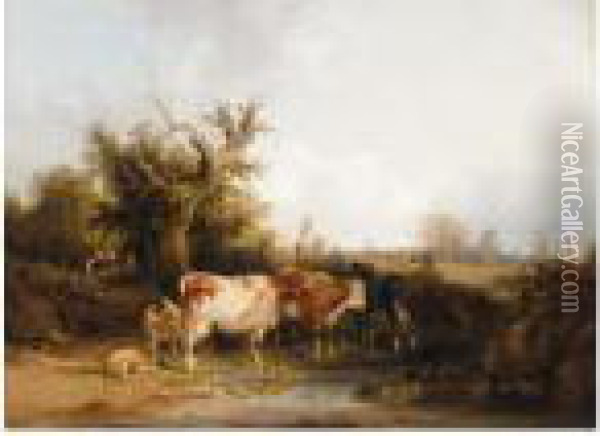 Cattle And Sheep By A Stream In A Landscape Oil Painting - Snr William Shayer