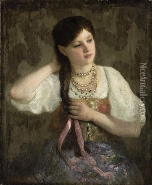 Portrait Of A Young Girl With A Pink Ribbon Oil Painting - Aleksei Danilovich Kivshenko