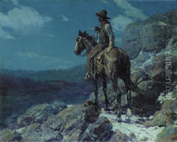 A Two Bar Rider Oil Painting - Frank Tenney Johnson