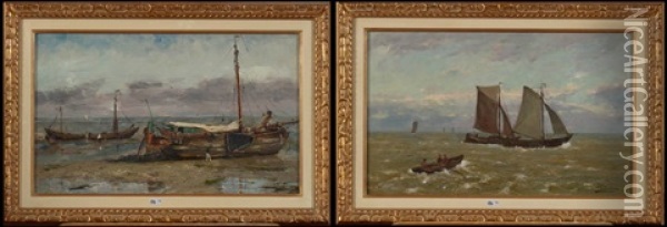 Marine & Chalutiers Sur La Plage (2 Works) Oil Painting - Frans Van Damme