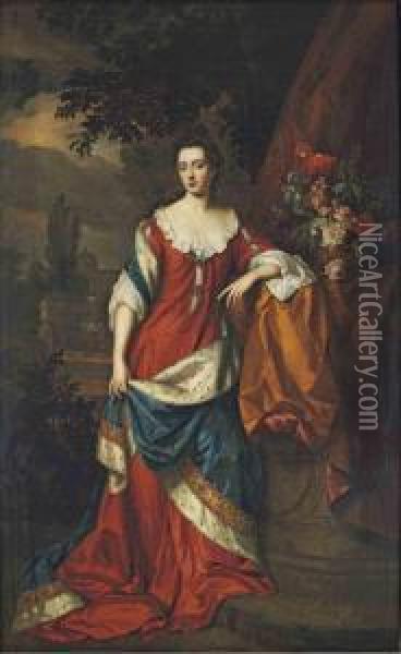 Portrait Of Francis Thynne, Lady Worsley, Full-length, In A Red Dress And A Blue Ermine-lined Mantle, A Domed Mansion In A Garden Beyond With Identifying Inscription 'franks Thynne Lady Worsley' (lower Right) Oil Painting - William Wissing or Wissmig