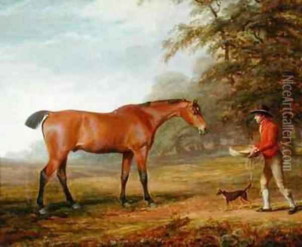 A Bay Horse Approached by a Stable lad with Food and a Halter Oil Painting - George Garrard
