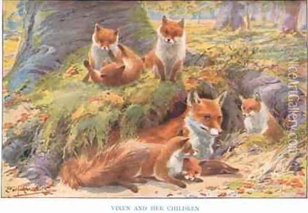 Vixen and her Children illustration from Country Ways and Country Days Oil Painting - Louis Fairfax Muckley