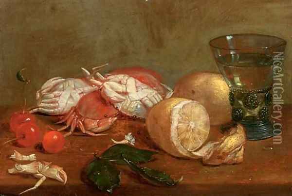A 'roemer' of white wine, crabs, cherries and lemons on a wooden ledge Oil Painting - Alexander Adriaenssen