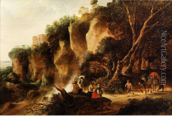Felsige Landschaft Mit Wasserfall, Einer Rastenden Gruppe Und Zwei Ziehenden Bauern Oil Painting - Gijsbert Gillisz. de Hondecoeter