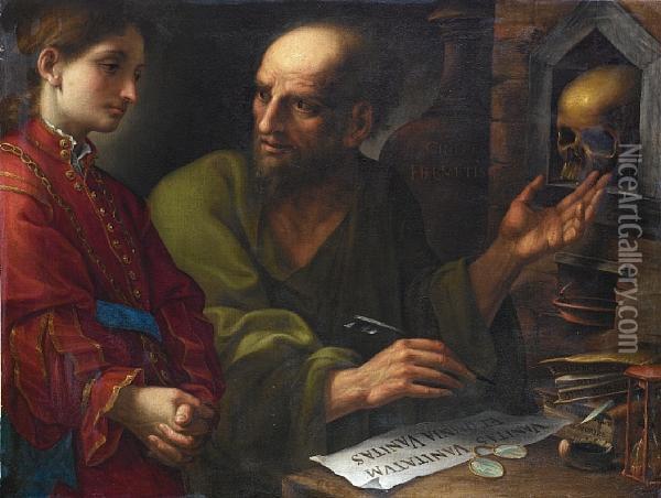 An Alchemist Instructing A Young Apprentice In His Studio Oil Painting - Pietro Della Vecchio