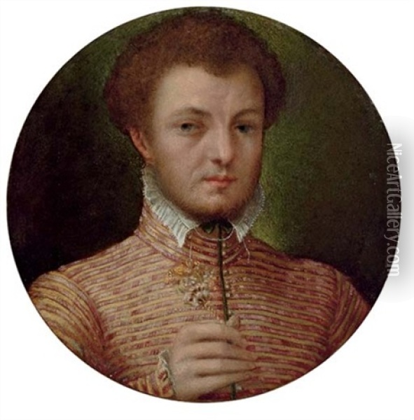 Portrait Of A Gentleman In A Red And Yellow Brocade Jacket, With A Lace Collar Oil Painting - Lavinia Fontana
