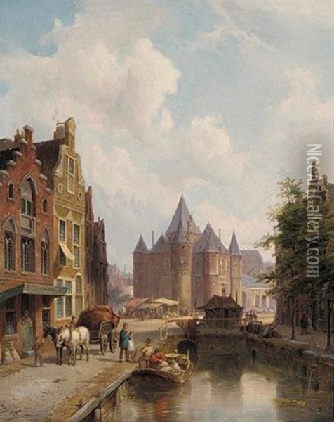 A Canal In Amsterdam Oil Painting - Pieter Cornelis Dommershuijzen