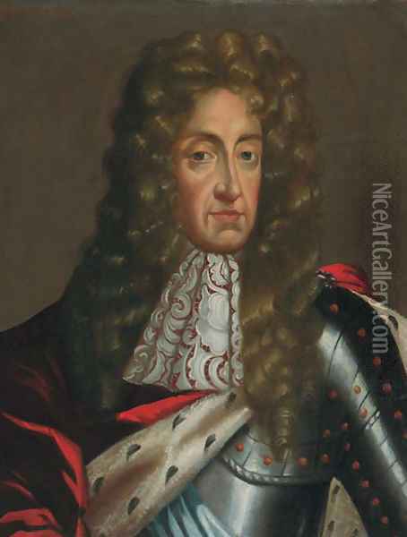 Portrait of James II (1633-1701), quarter-length, in armour and an ermine-lined robe and lace jabot Oil Painting - Sir Godfrey Kneller