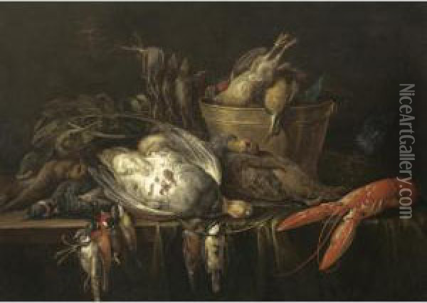 Still Life With A Lobster, 
Partridges, Songbirds, And A Brass Bucket All Resting On A Wooden Table 
Draped With A Green Cloth Oil Painting - Adriaen van Utrecht