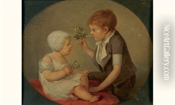 Deux Jeunes Enfants Tenant Des Fleurs D'orangers Oil Painting - Henri Nicolas Van Gorp